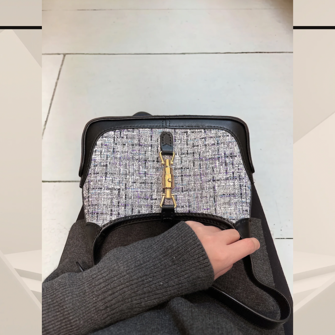 《手縫皮系列》Karina bag - 藍tweed/黑皮