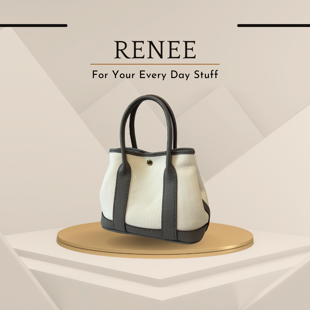 《手縫皮系列》Renee bag - 米白帆布/灰皮 size S