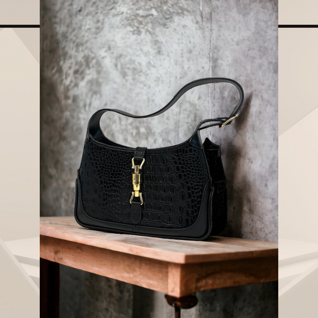 《手縫皮系列》Karina bag - 黑蛇皮/黑皮