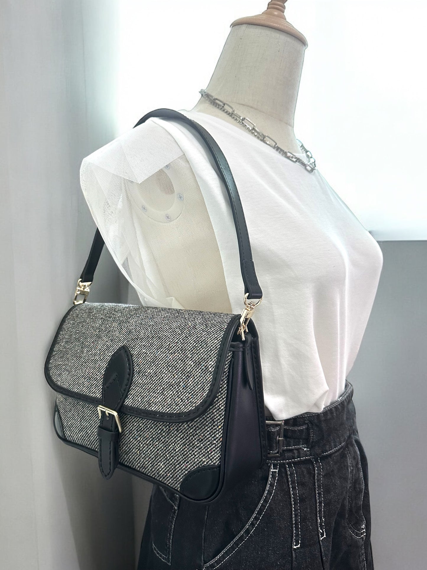 《手縫皮系列》 Audrey bag - Mixed Tweed (現)