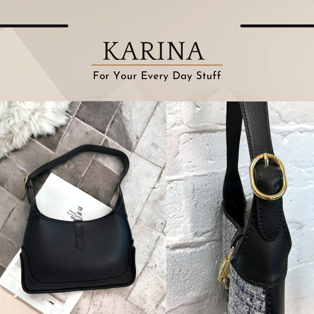 《手縫皮系列》Karina bag - 藍tweed/黑皮