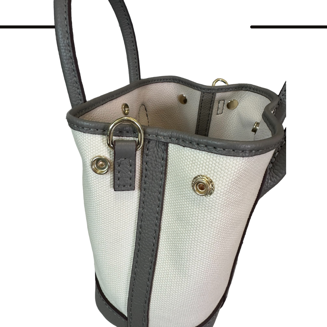 《手縫皮系列》Renee bag - 米白帆布/灰皮 size S