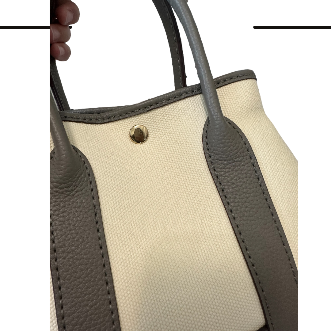 《手縫皮系列》Renee bag - 米白帆布/灰皮 size S