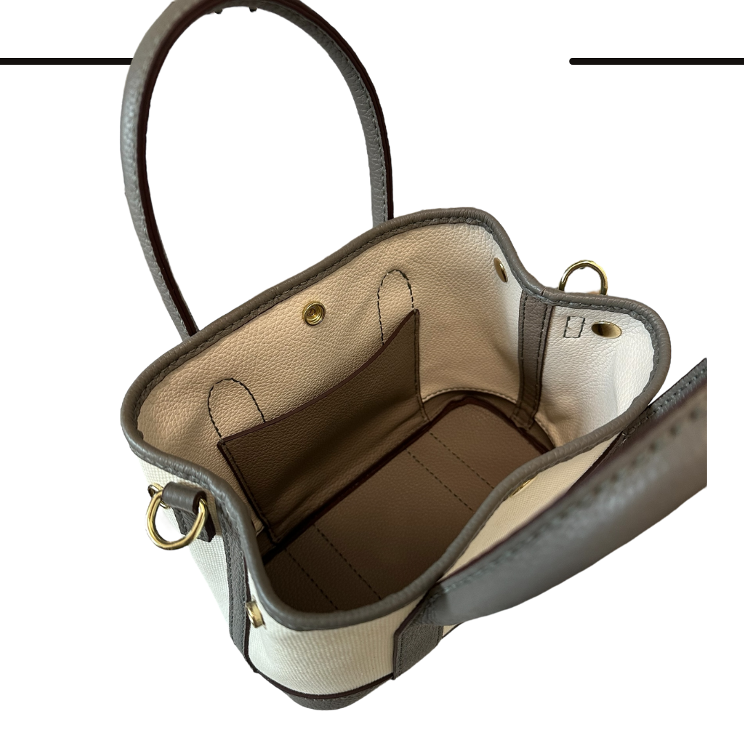 《手縫皮系列》Renee bag - 米白帆布/灰皮 size S