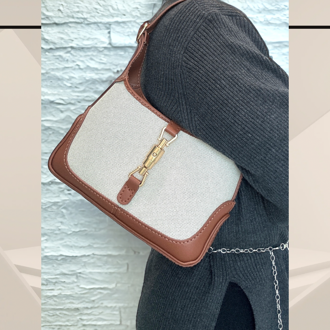 《手縫皮系列》Karina bag - 帆布/棕皮(現貨係灣仔寄賣點）